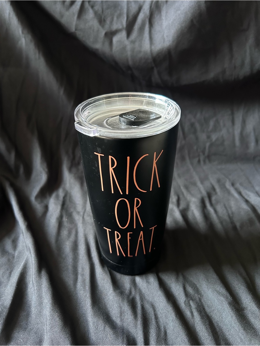 Rae Dunn Black Tumbler with Orange "Trick or Treat" Lettering and Clear Lid
